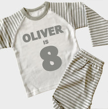 Load image into Gallery viewer, Grey Striped Pyjamas with name and age