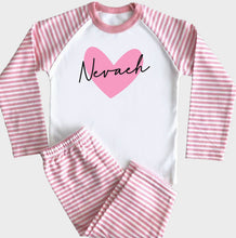 Load image into Gallery viewer, Pink Striped Pyjamas with heart and script name