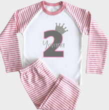 Load image into Gallery viewer, Pink Striped Pyjamas with name, age and glitter crown
