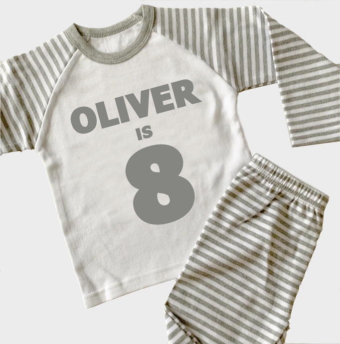 Grey Striped Pyjamas with name and age