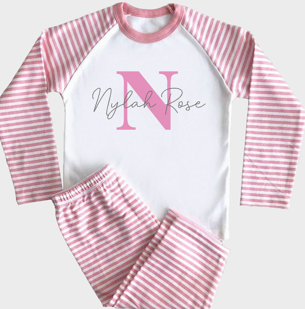 Pink Striped Pyjamas with Initial and Name